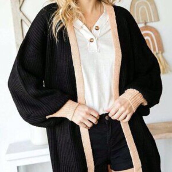 Black Casual Womens Contrast Trim Drop Shoulder Open Front Cardigan - Picture 3 of 5